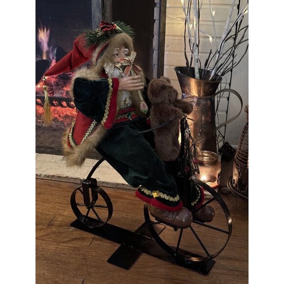 Vtg Old World Santa Claus Riding Bicycle Bike Lg 21” Christmas Decor Composite - Picture 3 of 16